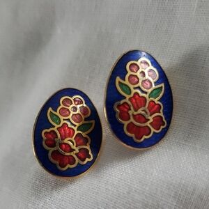 Floral Enamel Earrings in Blue and Red